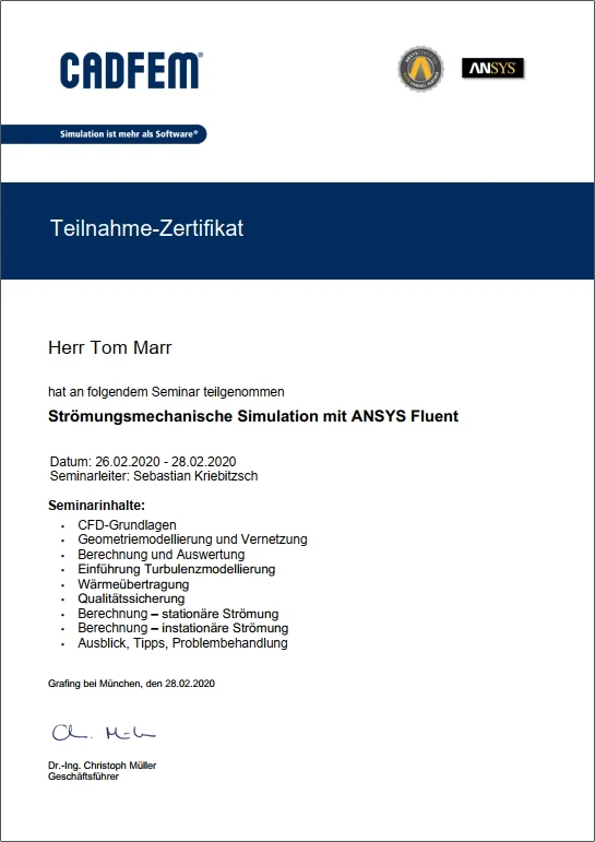 Cadfem Ansys Zertifikat Tom Marr